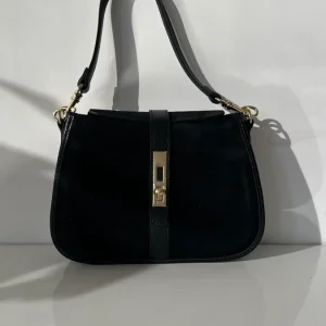 Borsa a spalla in camoscio e pelle Nera