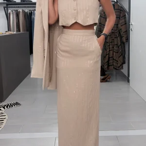 Gilet Silence beige gessato con paillettes trasparenti