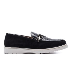 Loafer in Black Suede and Crocodile with hook