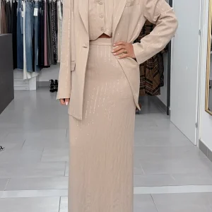 Gonna lunga Silence beige gessata con paillettes trasparenti