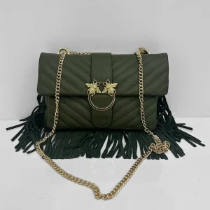 Borsa in pelle e camoscio verde con catena in oro