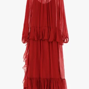 Abito lungo plissettato con volant e collo alto