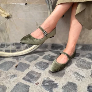 Flavia Mary Jane velluto perla oliva